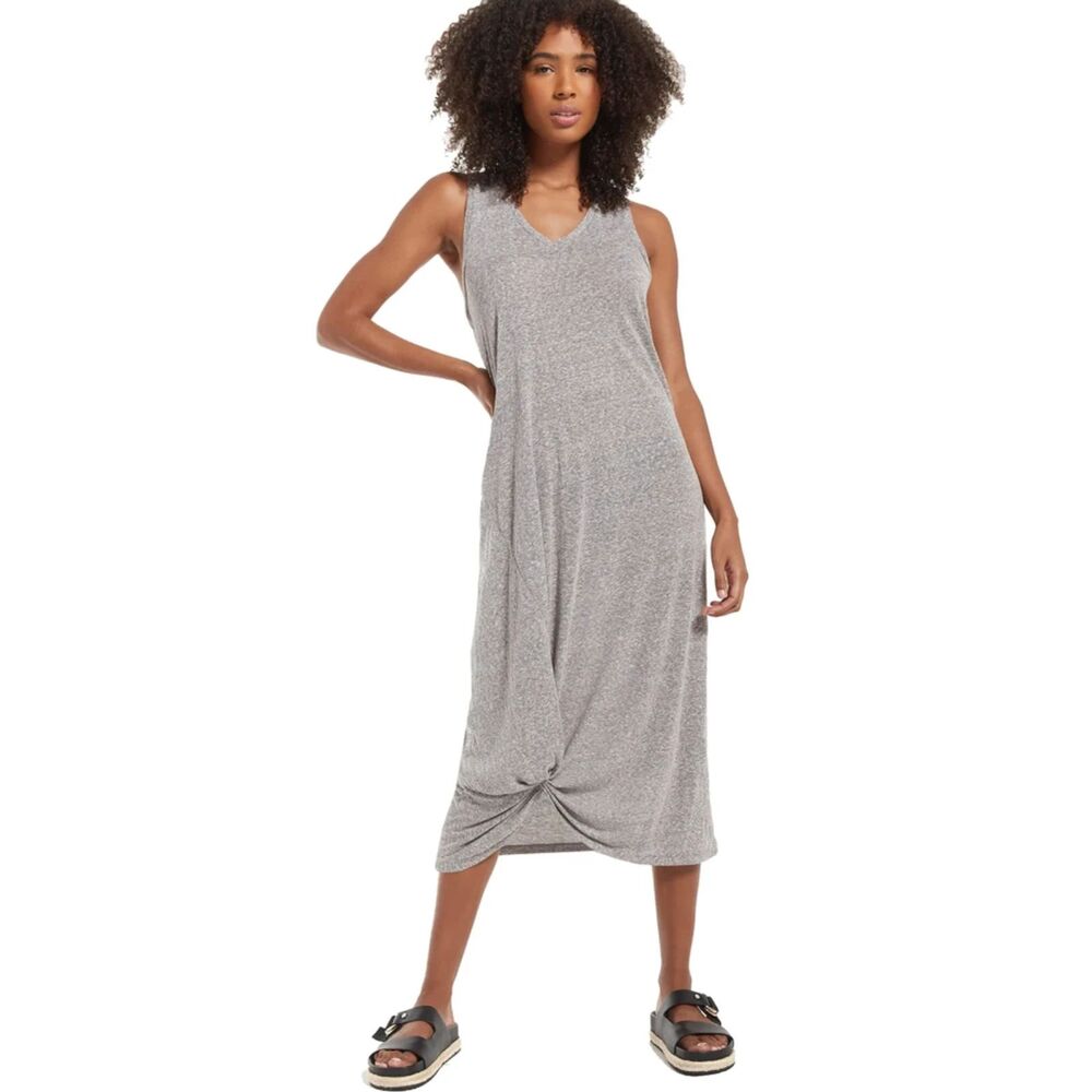 Z Supply Reverie Midi Maxi Sleeveless Dress Heather Grey V-Neck Medium Knot Hem